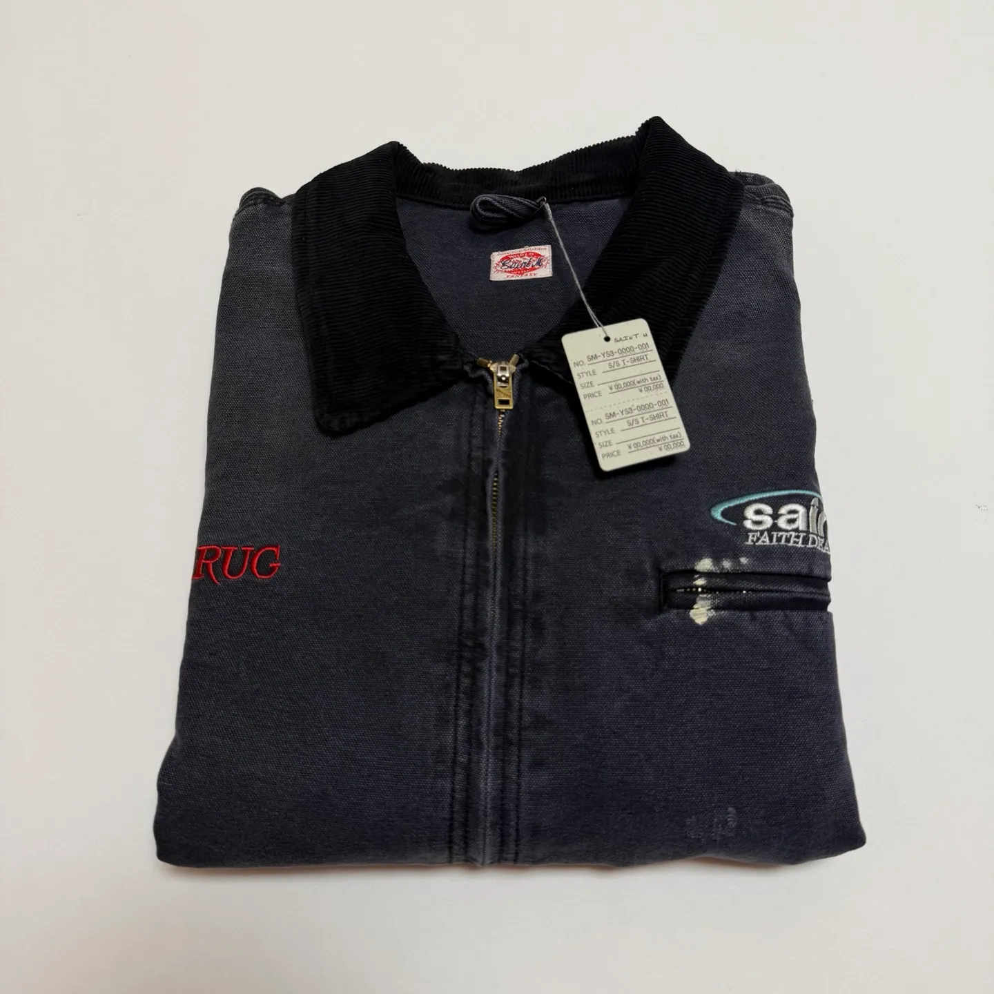 SAINT Mxxxxxx DETROIT JACKET/DRUG/BLK Detroit Workwear Washed and Distressed Jacket Washed Black S-XL A super heavy-duty Detroit jacket. It took more than 3 months to develop. All details. No detail. Complete reproduction and restoration. Customized washed and faded Assute canvas fabric. Rewashed the watermark to make the bones irregular and white. MX6 LOGO buttons, molded custom placket with LOGO zipper, no special shape zipper on chest